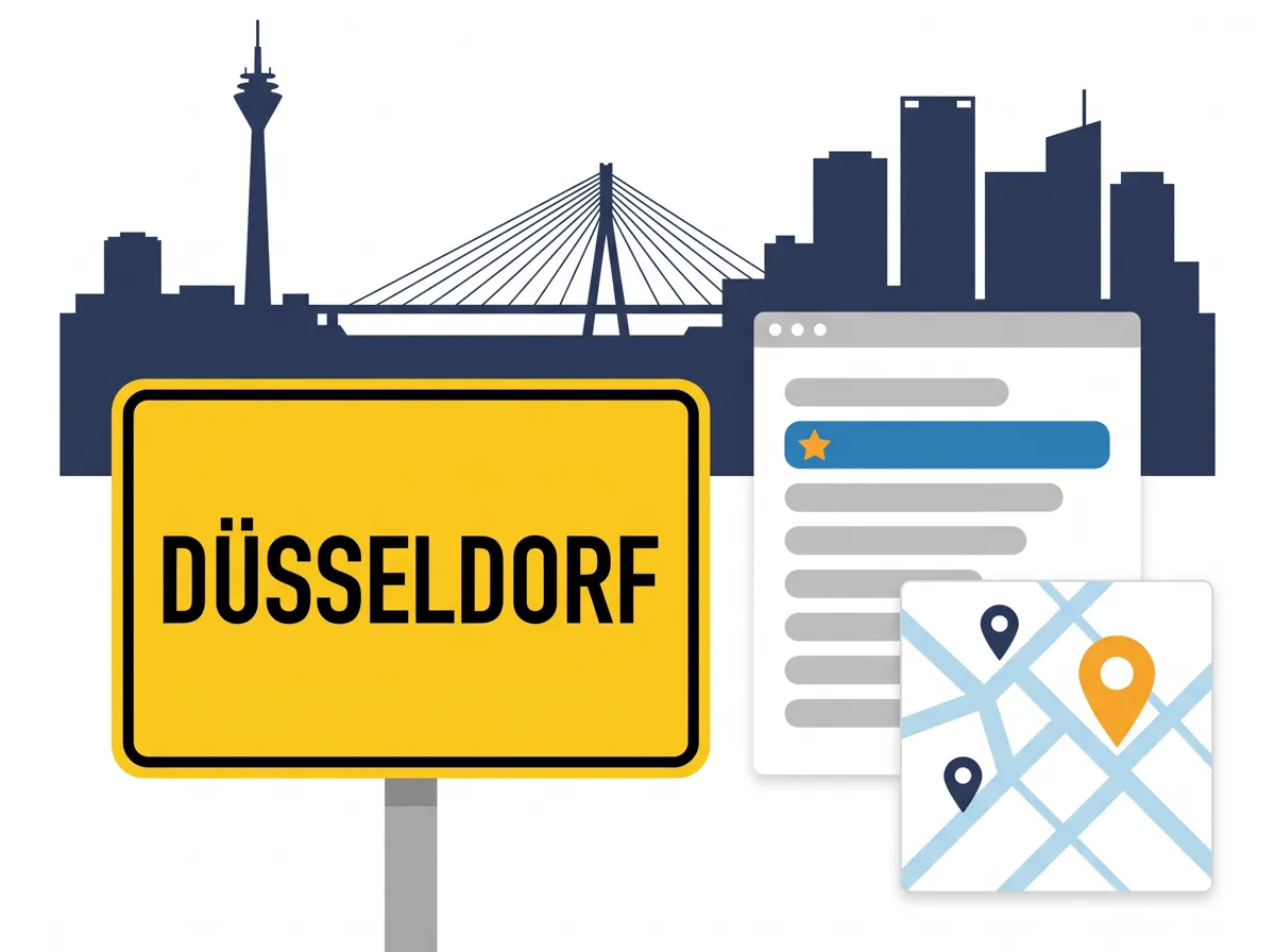 SEO Agentur Düsseldorf: Ortsschild Düsseldorf vor Fernsehturm und Rheinbrücke, daneben lokale Suchergebnisse und ein Kartenausschnitt mit Standort-Pins