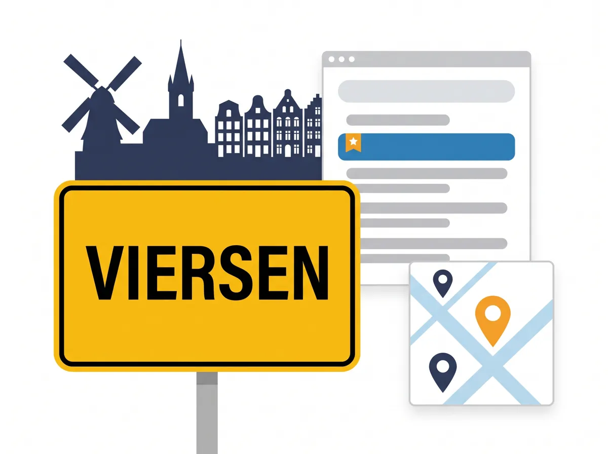 SEO Agentur Viersen: Ortsschild Viersen vor Windmühle und Kirchturm, daneben lokale Suchergebnisse und ein Kartenausschnitt mit Standort-Pins